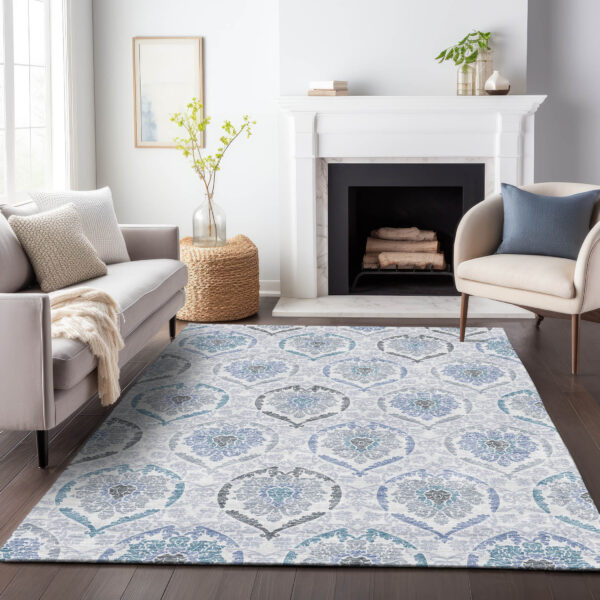 10' X 14' Gray And Denim Blue Medallion Washable Indoor Outdoor Area Rug