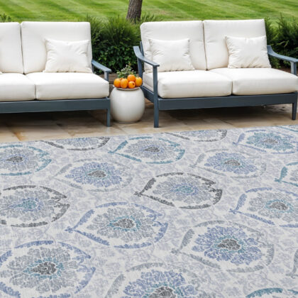 10' X 14' Gray And Denim Blue Medallion Washable Indoor Outdoor Area Rug