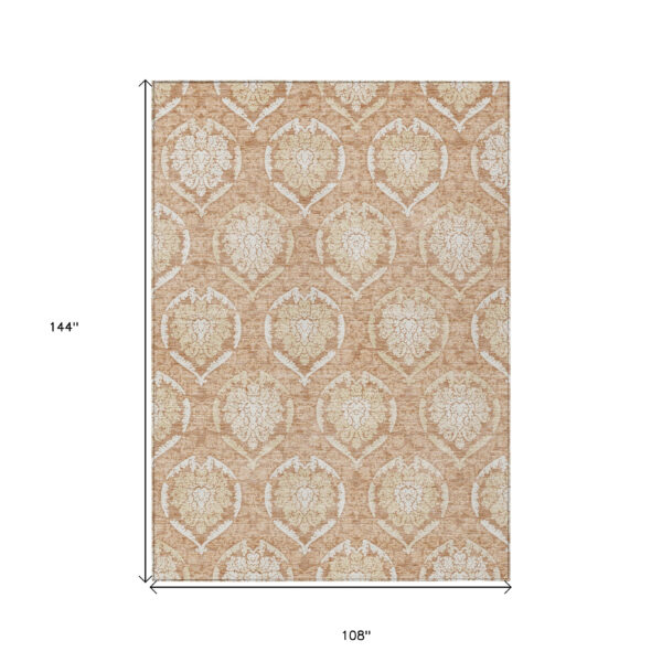 9' X 12' Salmon Copper And Ivory Medallion Washable Indoor Outdoor Area Rug