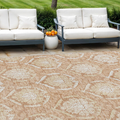 9' X 12' Salmon Copper And Ivory Medallion Washable Indoor Outdoor Area Rug
