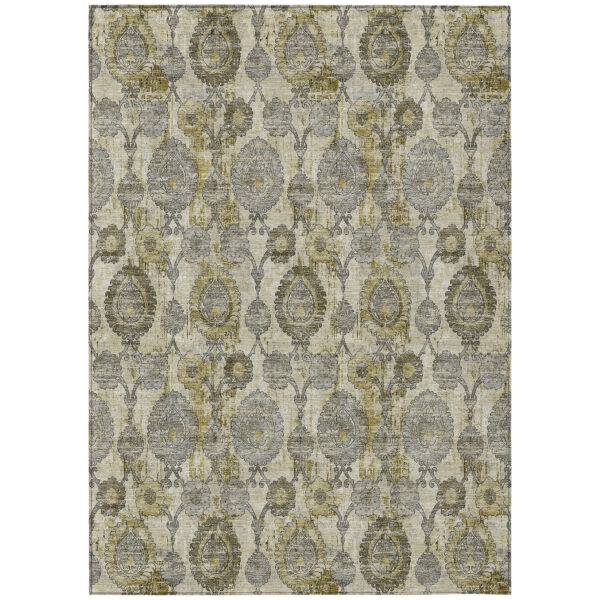 10' X 14' Khaki Beige And Gold Damask Washable Indoor Outdoor Area Rug