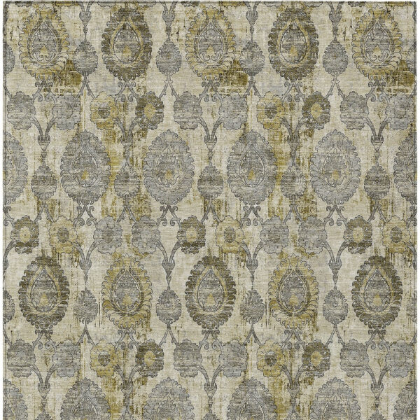 10' X 14' Khaki Beige And Gold Damask Washable Indoor Outdoor Area Rug
