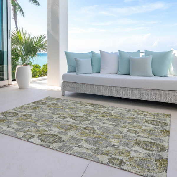 10' X 14' Khaki Beige And Gold Damask Washable Indoor Outdoor Area Rug