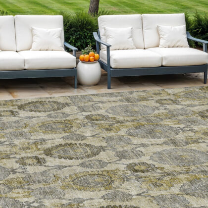 10' X 14' Khaki Beige And Gold Damask Washable Indoor Outdoor Area Rug