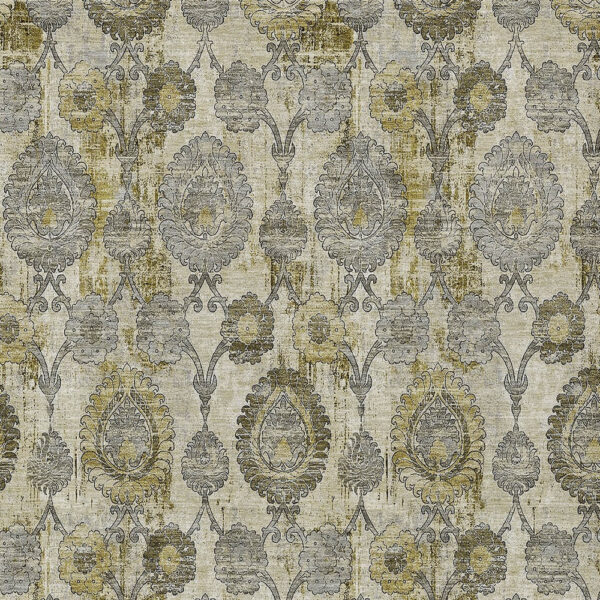 10' X 14' Khaki Beige And Gold Damask Washable Indoor Outdoor Area Rug