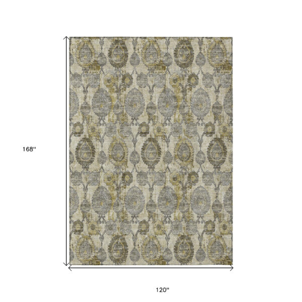 10' X 14' Khaki Beige And Gold Damask Washable Indoor Outdoor Area Rug