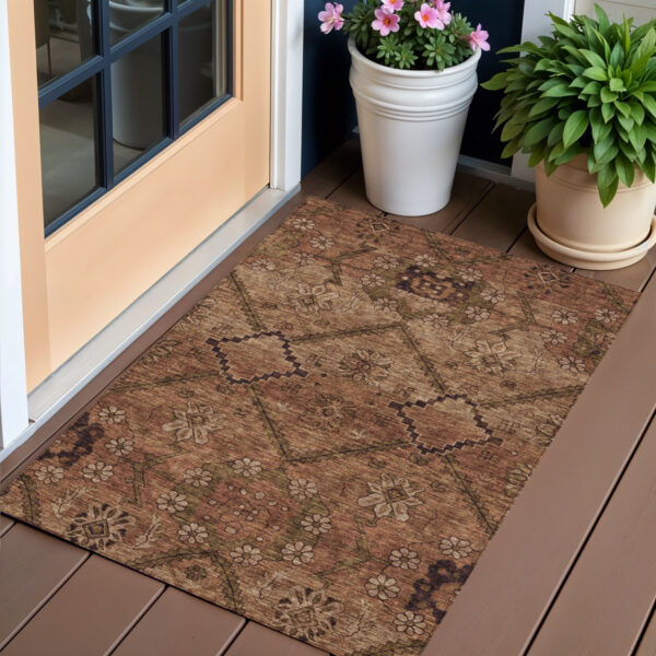 3' X 5' Orange Copper And Brown Floral Washable Indoor Outdoor Area Rug