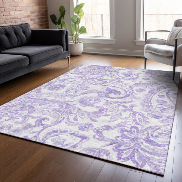 5' X 8' Lavender Ivory And Purple Paisley Washable Indoor Outdoor Area Rug