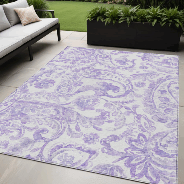 5' X 8' Lavender Ivory And Purple Paisley Washable Indoor Outdoor Area Rug