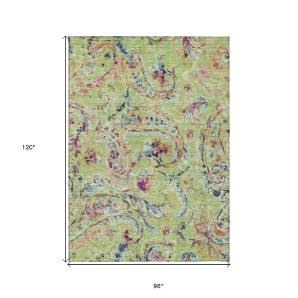 8' X 10' Artichoke Green Green And Pink Paisley Washable Indoor Outdoor Area Rug
