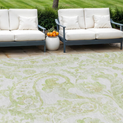 8' X 10' Sage Green And Ivory Paisley Washable Indoor Outdoor Area Rug
