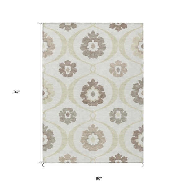 5' X 8' Ivory Taupe And Brown Medallion Washable Indoor Outdoor Area Rug