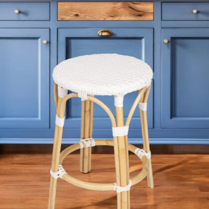 24" White and Natural Heavy Duty Rattan Backless Counter Height Bar Chair