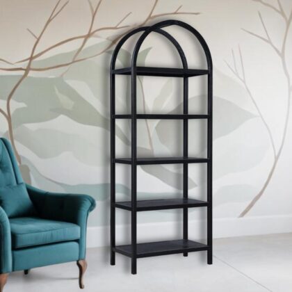 80" Black Oak Wood Five Tier Arched Top Bookcase