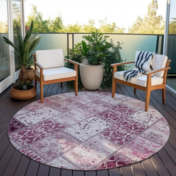 8' Round Mountbatten Pink Round Patchwork Washable Non Skid Indoor Outdoor Area Rug