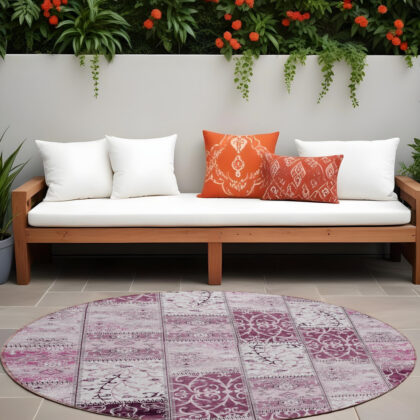 8' Round Mountbatten Pink Round Patchwork Washable Non Skid Indoor Outdoor Area Rug