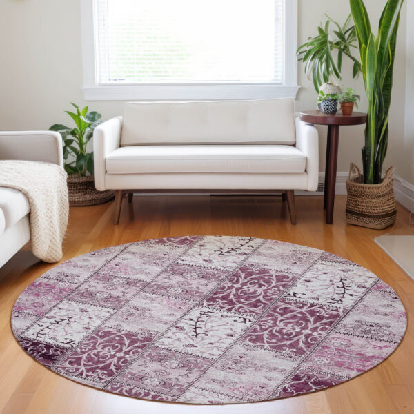 8' Round Mountbatten Pink Round Patchwork Washable Non Skid Indoor Outdoor Area Rug