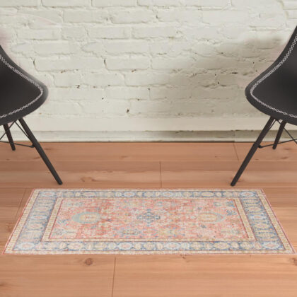 2' x 3' Blue and Pink Oriental Power Loom Distressed Area Rug