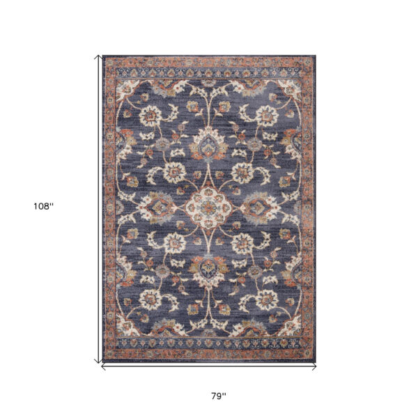 6' x 9' Navy Blue Floral Power Loom Area Rug With Fringe