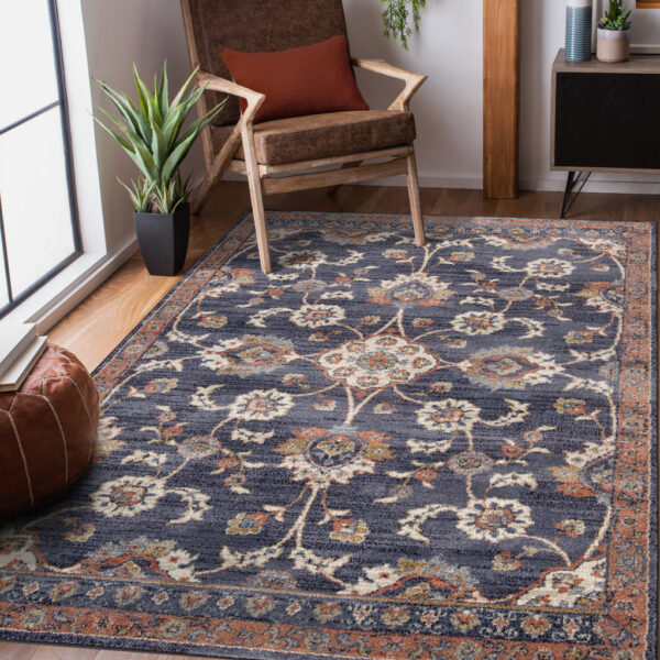 6' x 9' Navy Blue Floral Power Loom Area Rug With Fringe