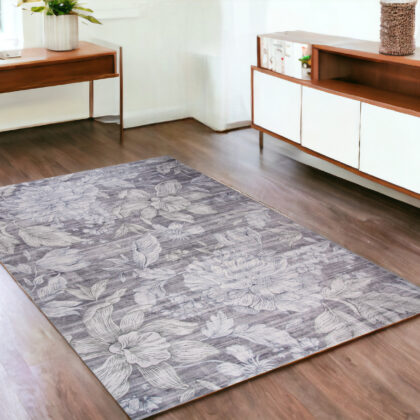 4' x 6' Gray and Beige Floral Area Rug