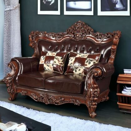 71" Espresso And Brown Faux Leather Curved Loveseat
