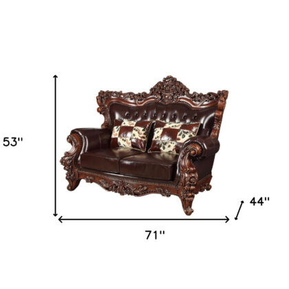71" Espresso And Brown Faux Leather Curved Loveseat