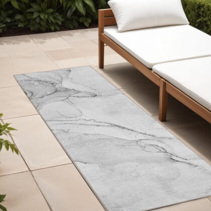 8' Runner Silver Abstract Washable Non Skid Indoor Outdoor Runner Rug