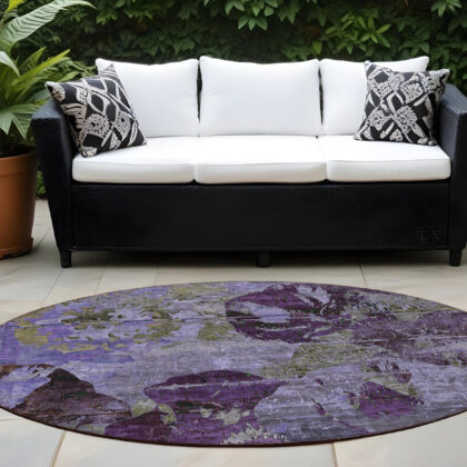8' Round Purple and Green Round Floral Washable Non Skid Indoor Outdoor Area Rug