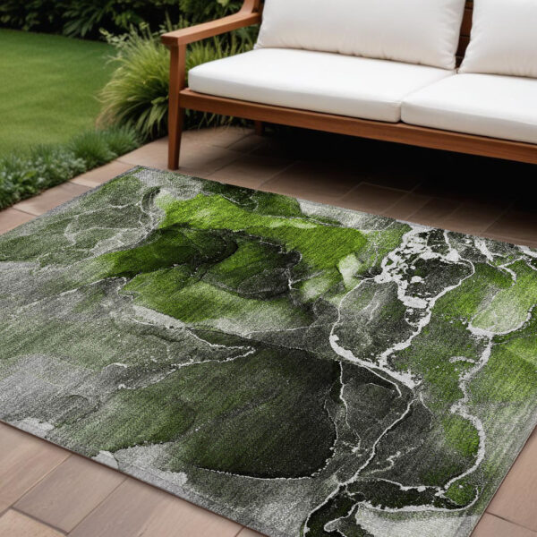 9' X 12' Green Abstract Washable Non Skid Indoor Outdoor Area Rug