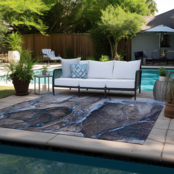 3' X 5' Navy Blue Abstract Washable Non Skid Indoor Outdoor Area Rug