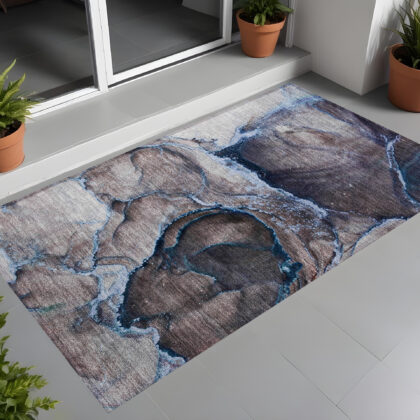 3' X 5' Navy Blue Abstract Washable Non Skid Indoor Outdoor Area Rug