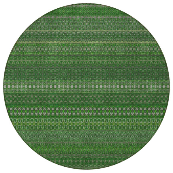 8' Round Fern Green Round Striped Washable Non Skid Indoor Outdoor Area Rug