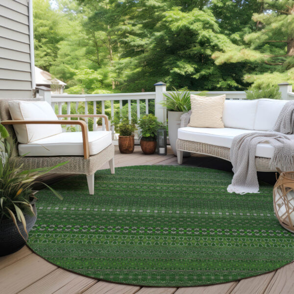 8' Round Fern Green Round Striped Washable Non Skid Indoor Outdoor Area Rug