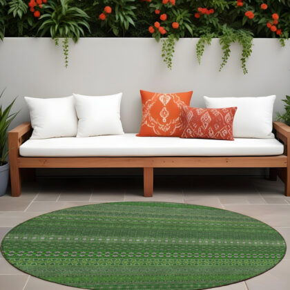 8' Round Fern Green Round Striped Washable Non Skid Indoor Outdoor Area Rug