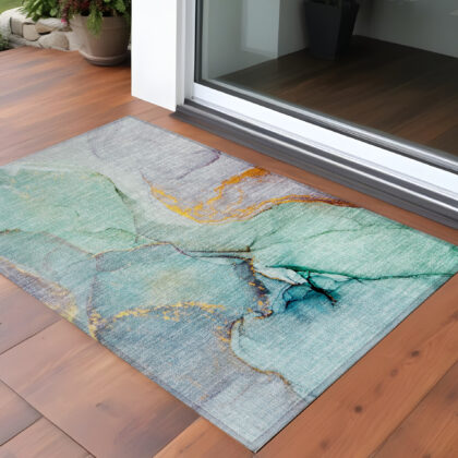 3' X 5' Teal Abstract Washable Non Skid Indoor Outdoor Area Rug