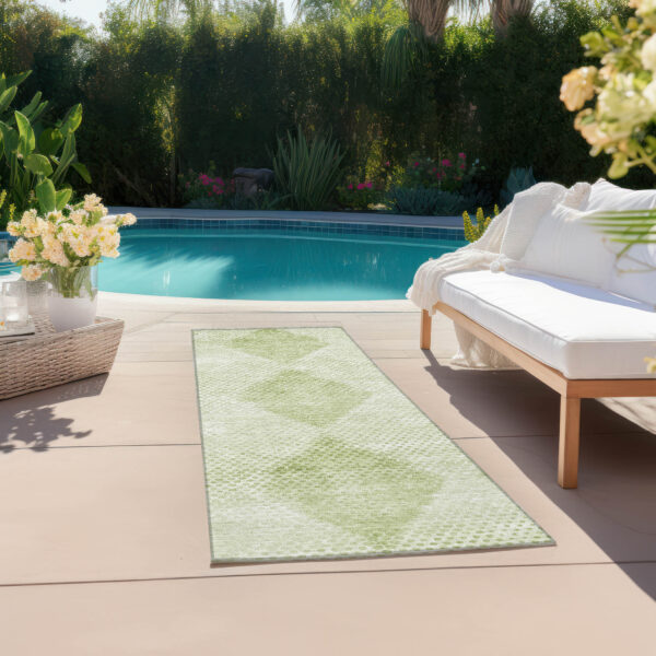 8' Runner Mint Green Geometric Washable Non Skid Indoor Outdoor Runner Rug
