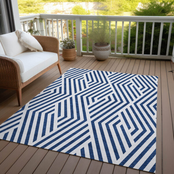 3' X 5' Navy and White Geometric Washable Non Skid Indoor Outdoor Area Rug