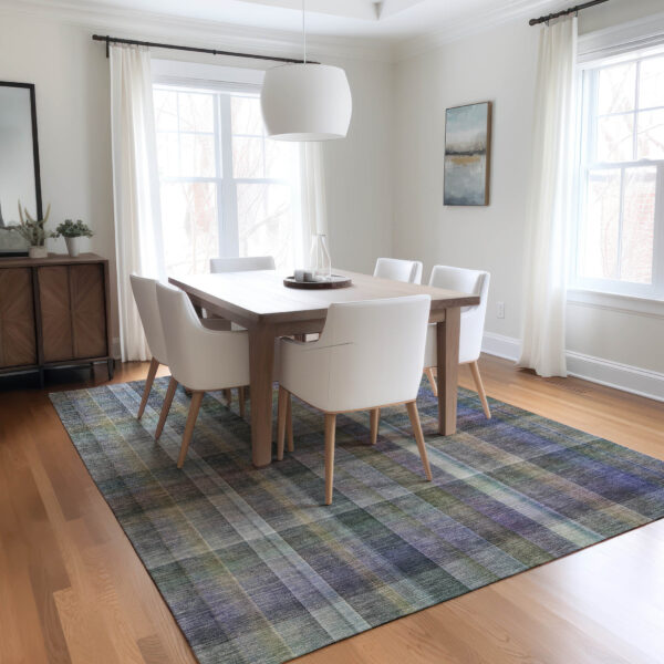 3' X 5' Blue Gray and Green Plaid Washable Non Skid Indoor Outdoor Area Rug