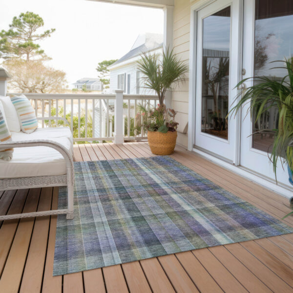 3' X 5' Blue Gray and Green Plaid Washable Non Skid Indoor Outdoor Area Rug