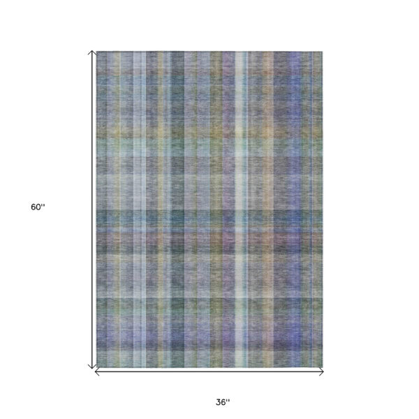 3' X 5' Blue Gray and Green Plaid Washable Non Skid Indoor Outdoor Area Rug
