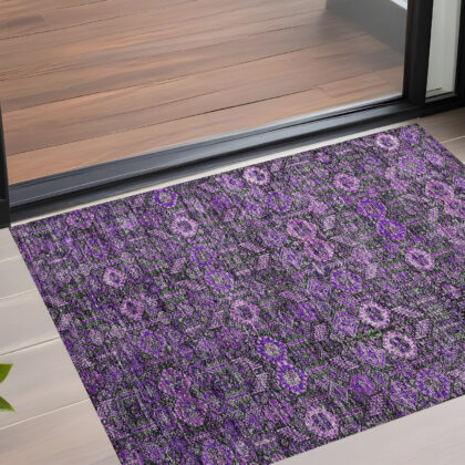 2' X 3' Purple and Green Floral Washable Non Skid Indoor Outdoor Area Rug