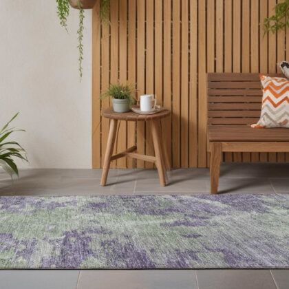 8' Runner Purple and Green Abstract Washable Non Skid Indoor Outdoor Runner Rug