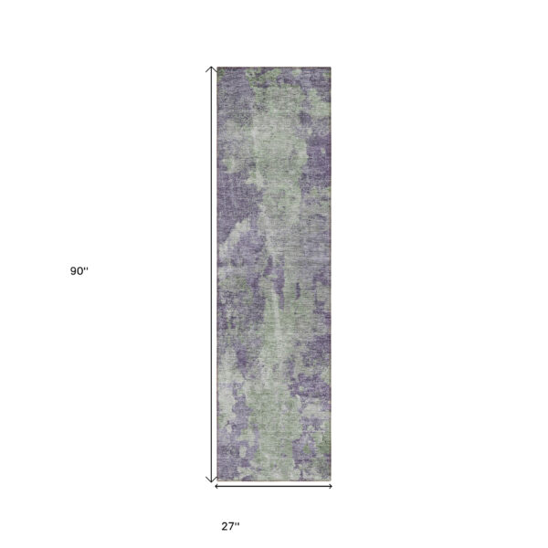 8' Runner Purple and Green Abstract Washable Non Skid Indoor Outdoor Runner Rug