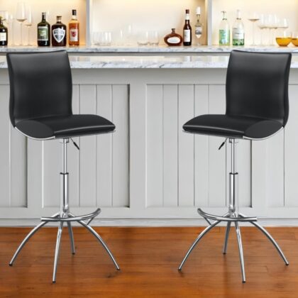 Set of Two Black and Silver Faux Leather and Metal Low Back Adjustable Height Bar Chairs