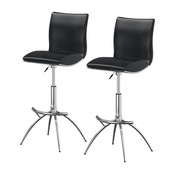 Set of Two Black and Silver Faux Leather and Metal Low Back Adjustable Height Bar Chairs