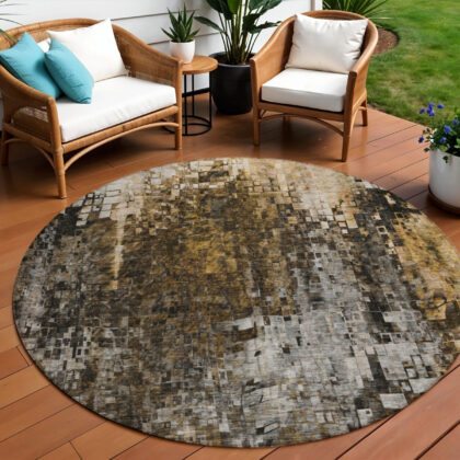 8' Brown And Copper Round Abstract Washable Indoor Outdoor Area Rug