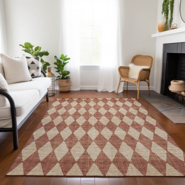 3' X 5' Orange And Copper Geometric Washable Indoor Outdoor Area Rug