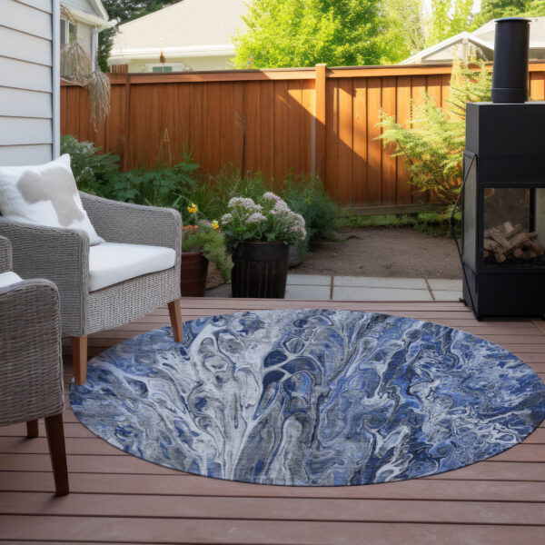 8' Denim Blue And Navy Blue Round Abstract Washable Indoor Outdoor Area Rug