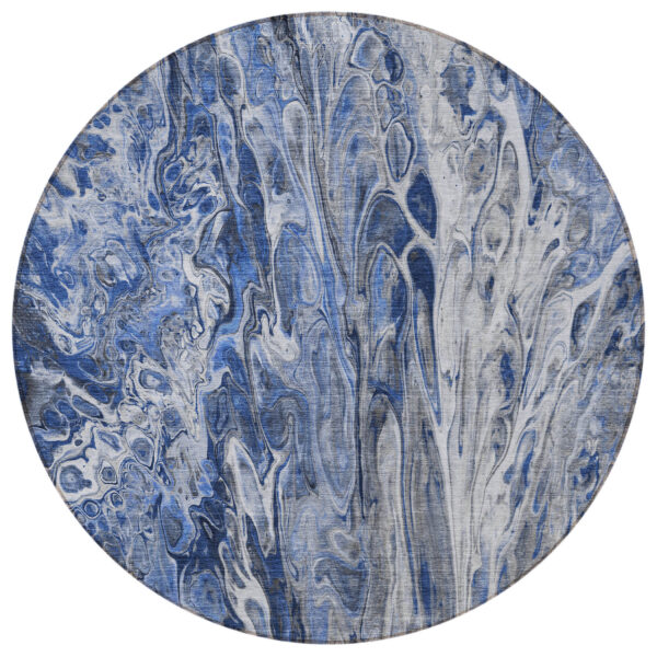 8' Denim Blue And Navy Blue Round Abstract Washable Indoor Outdoor Area Rug